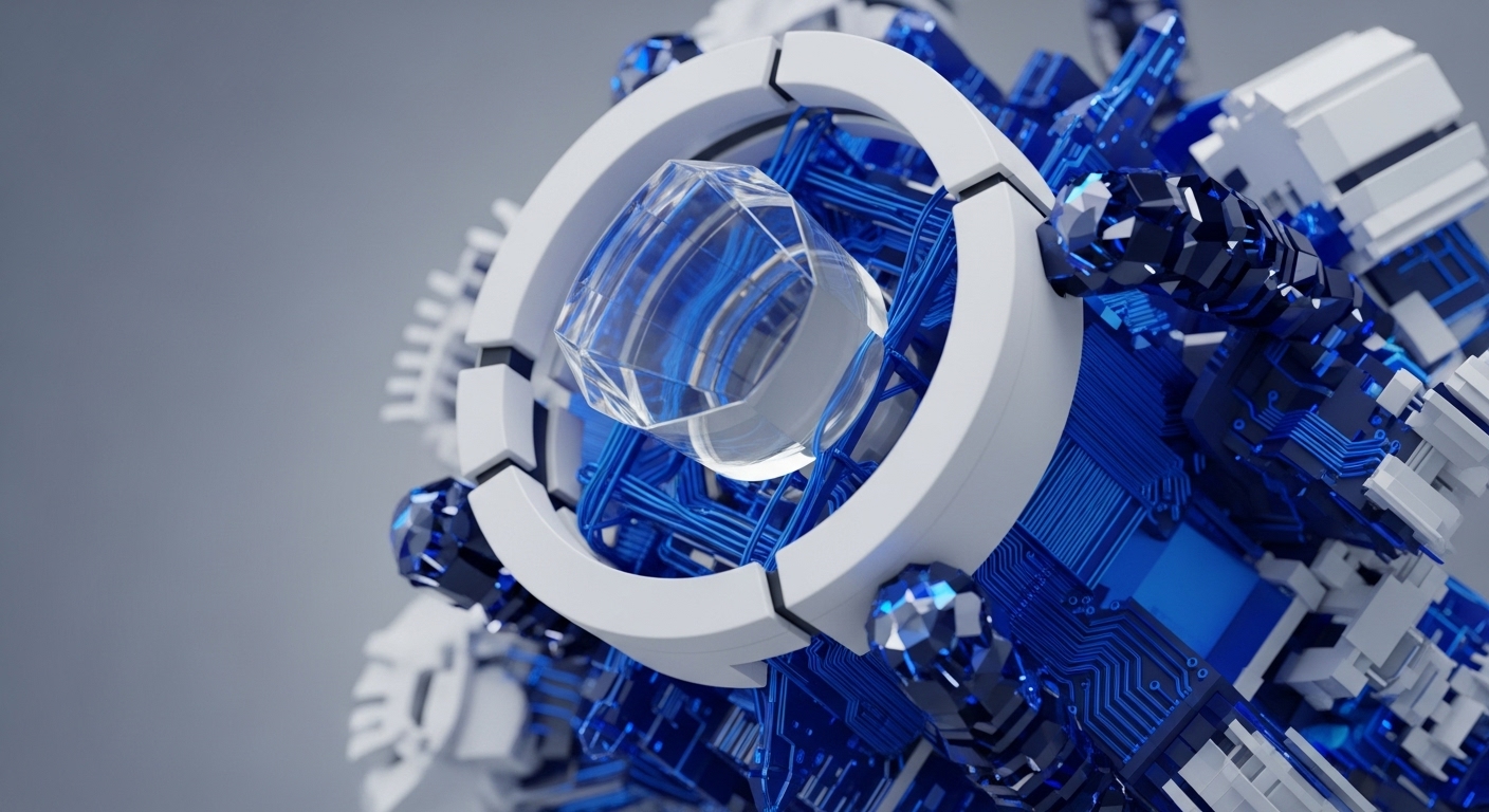A clear, geometric crystal is suspended within a broken white circular frame, suggesting a central processing unit or a key cryptographic element. Elaborate blue circuit board patterns and dark, segmented robotic limbs emanate from behind this core, forming a complex, futuristic structure