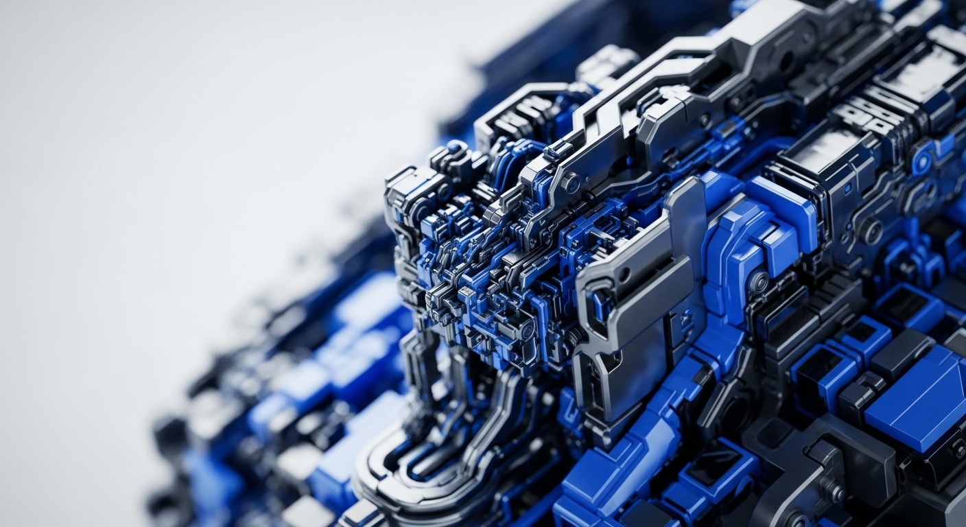Intricate blue and metallic silver interlocking geometric structures suggest a complex technological framework. This visual metaphor evokes the sophisticated architecture of blockchain networks, specifically the consensus protocols that govern transaction validation and block creation. The dense, layered design hints at the multi-faceted nature of distributed ledger technology, smart contract execution, and the underlying cryptographic primitives ensuring network integrity. It represents the emergent complexity within decentralized finance DeFi and the interconnectedness of on-chain operations, reflecting the robust engineering behind secure crypto asset management and the immutability of blockchain records.