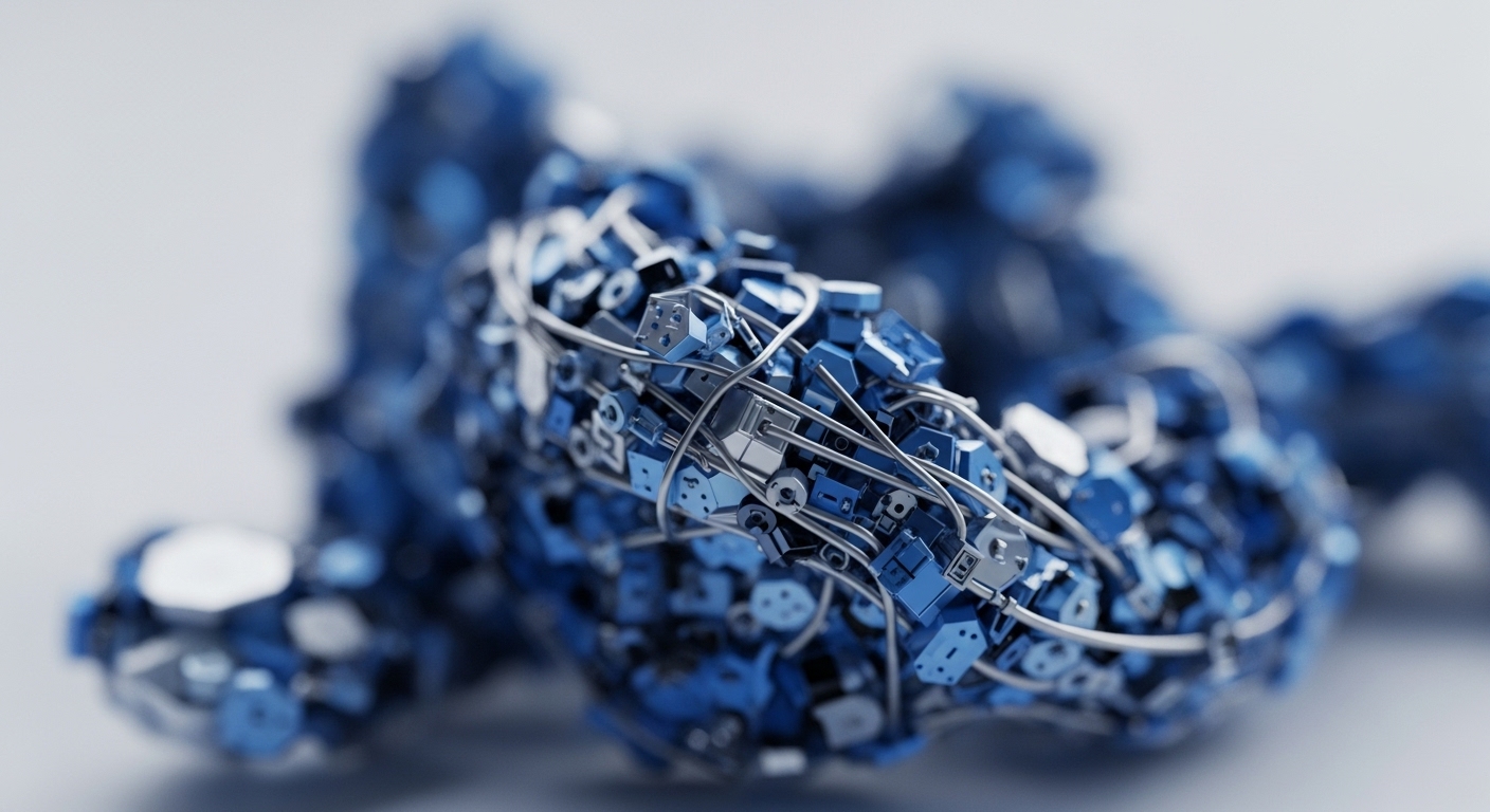 The visual presents a dense, abstract cluster of metallic blue and silver polyhedral forms intertwined with fine silver wiring. These components, reminiscent of microchips and data pathways, form an organic yet structured mass, suggesting the intricate architecture of digital systems