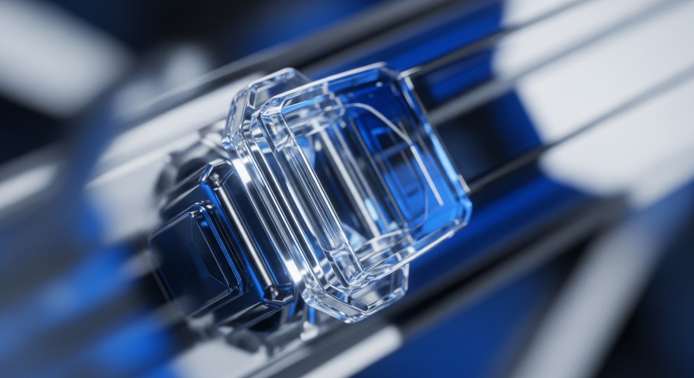 A clear, geometric object with sharp edges and internal facets dominates the frame, rendered in cool blue and white hues. This abstract form suggests the underlying architecture of digital finance and distributed systems