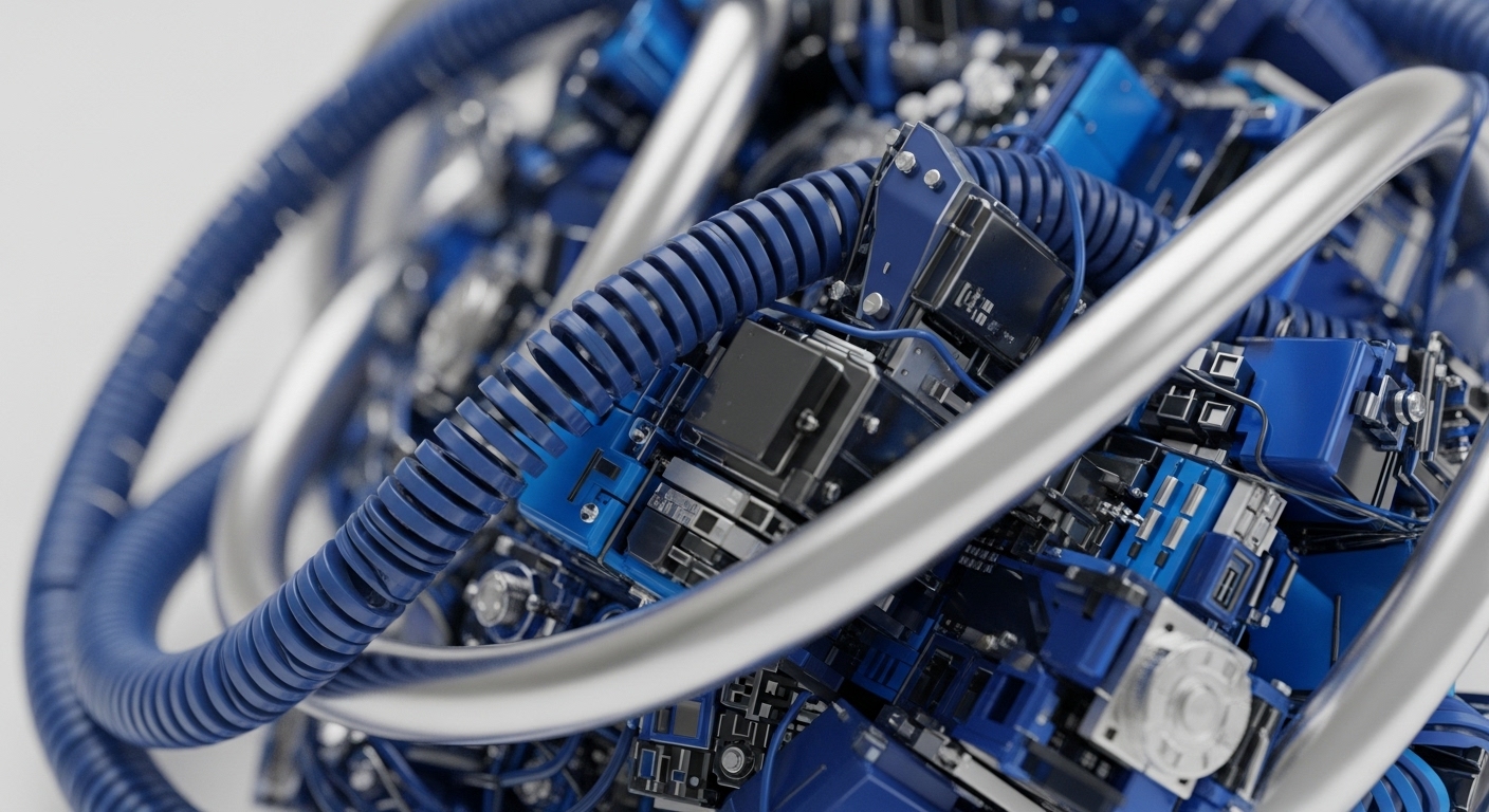 The image showcases a dense, interwoven structure of blue corrugated tubing and metallic silver elements surrounding a core of intricate electronic components. This abstract representation visualizes the complex infrastructure underpinning blockchain technology and cryptocurrency ecosystems