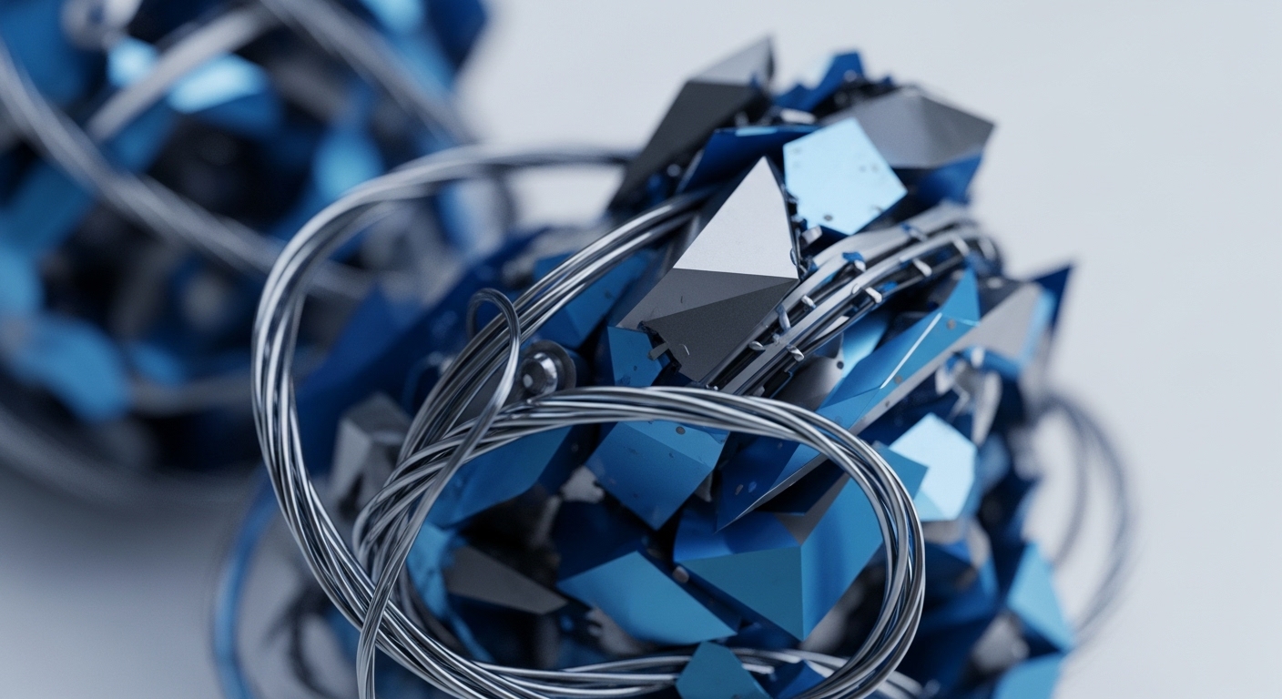 Metallic blue and dark gray geometric fragments form a dense, abstract cluster, bound by a network of thin, silver wires. This composition visually articulates the sophisticated architecture of blockchain technology and the interconnectedness of the cryptocurrency space