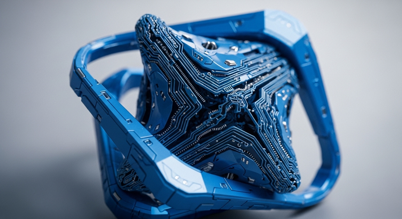 The visual presents a complex, multi-faceted blue object with detailed, circuit board-like pathways. This abstract entity is cradled within a geometric, open-ended blue frame, hinting at a system or environment