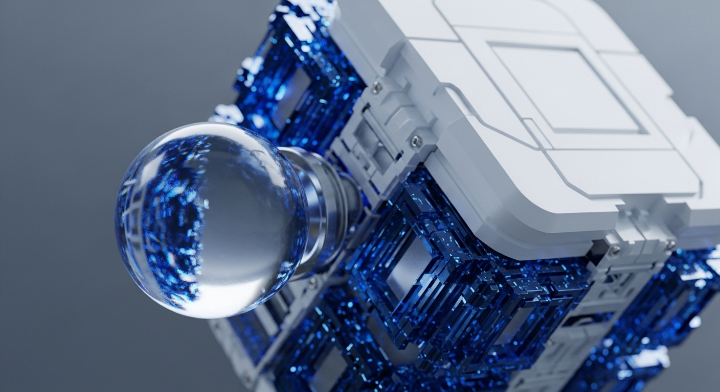 A clear glass sphere reflects a vibrant, multi-layered blue digital circuit board structure, evoking the core of a blockchain network. This visual encapsulates the abstract concepts of cryptocurrency and decentralized finance