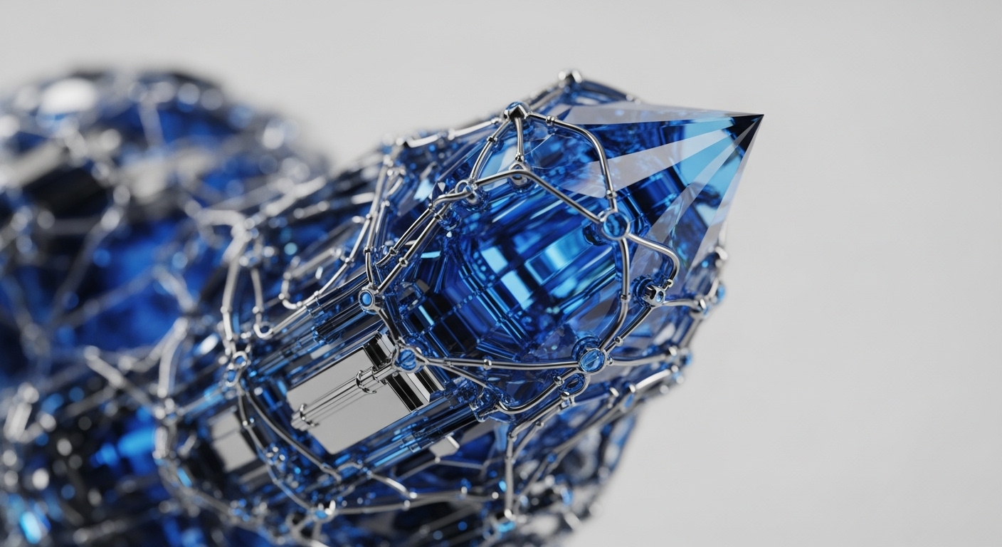 A sharp, multi-faceted blue crystal is intricately bound by a silver metallic network, suggesting a sophisticated, interconnected system. This visual metaphor encapsulates the essence of decentralized finance and the robust infrastructure of blockchain technology