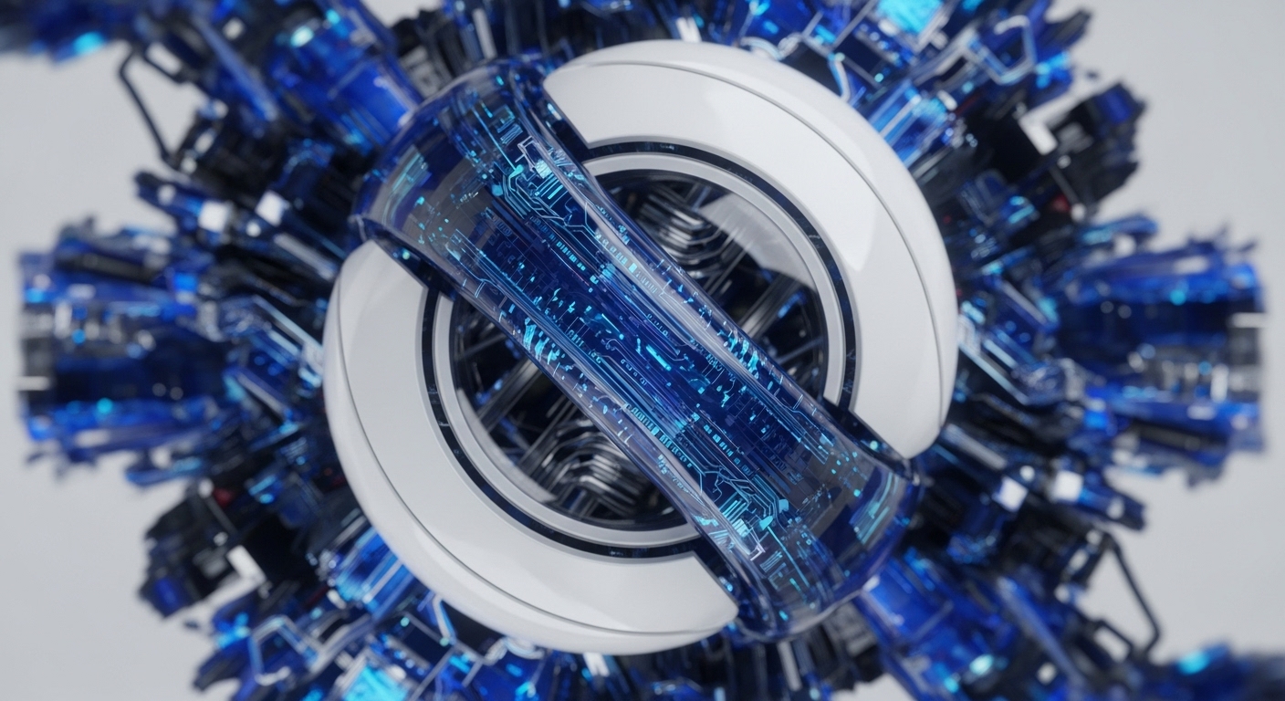 A central white sphere is enveloped by a translucent tube displaying glowing blue digital circuitry, reminiscent of intricate data pathways. Surrounding this core are numerous sharp, crystalline blue structures that create a complex, radial pattern against a neutral background