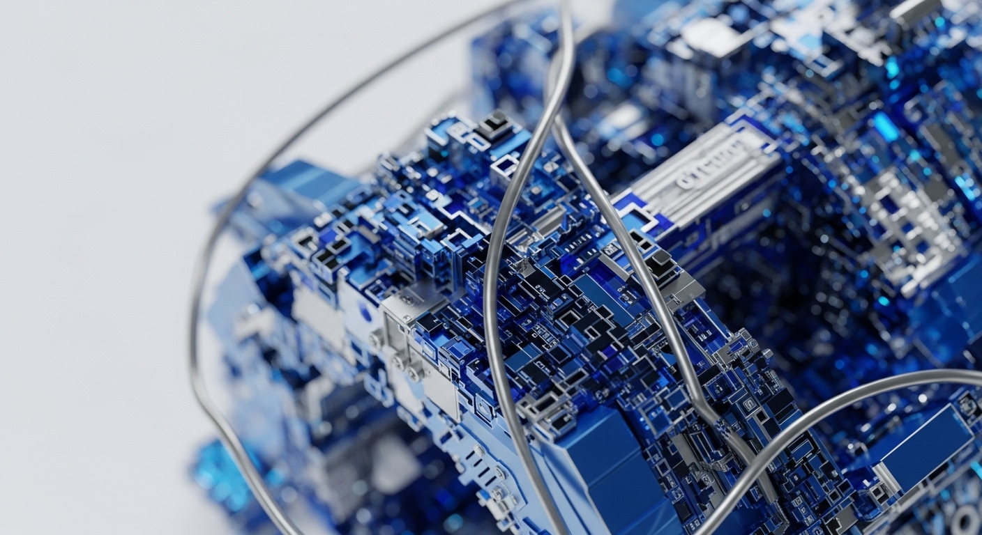 A detailed, abstract visualization showcases interconnected metallic components in shades of blue and silver, reminiscent of advanced circuitry and network architecture. Thin wires traverse the structure, symbolizing the flow of information and connections within a digital ecosystem