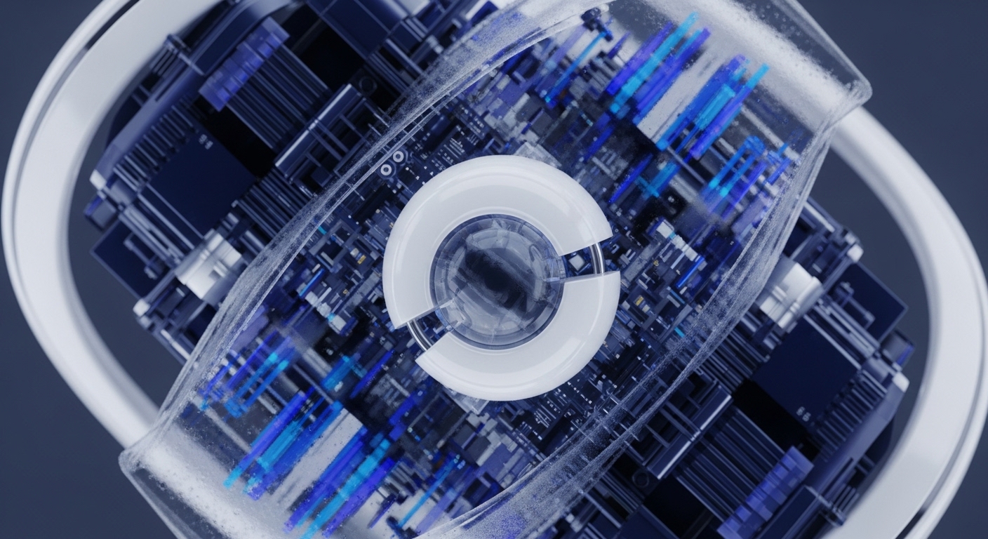 A highly detailed abstract representation showcases a digital network's intricate architecture, featuring layered components and energetic blue pathways. At its core, a bright white circular element signifies a central processing hub or a foundational data point