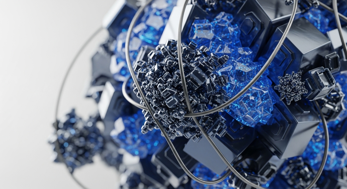 Intricate metallic cubes interlace with luminous blue crystalline structures, forming a dense, abstract three-dimensional network. Silver wire-like strands traverse the composition, signifying the interconnectedness inherent in digital systems