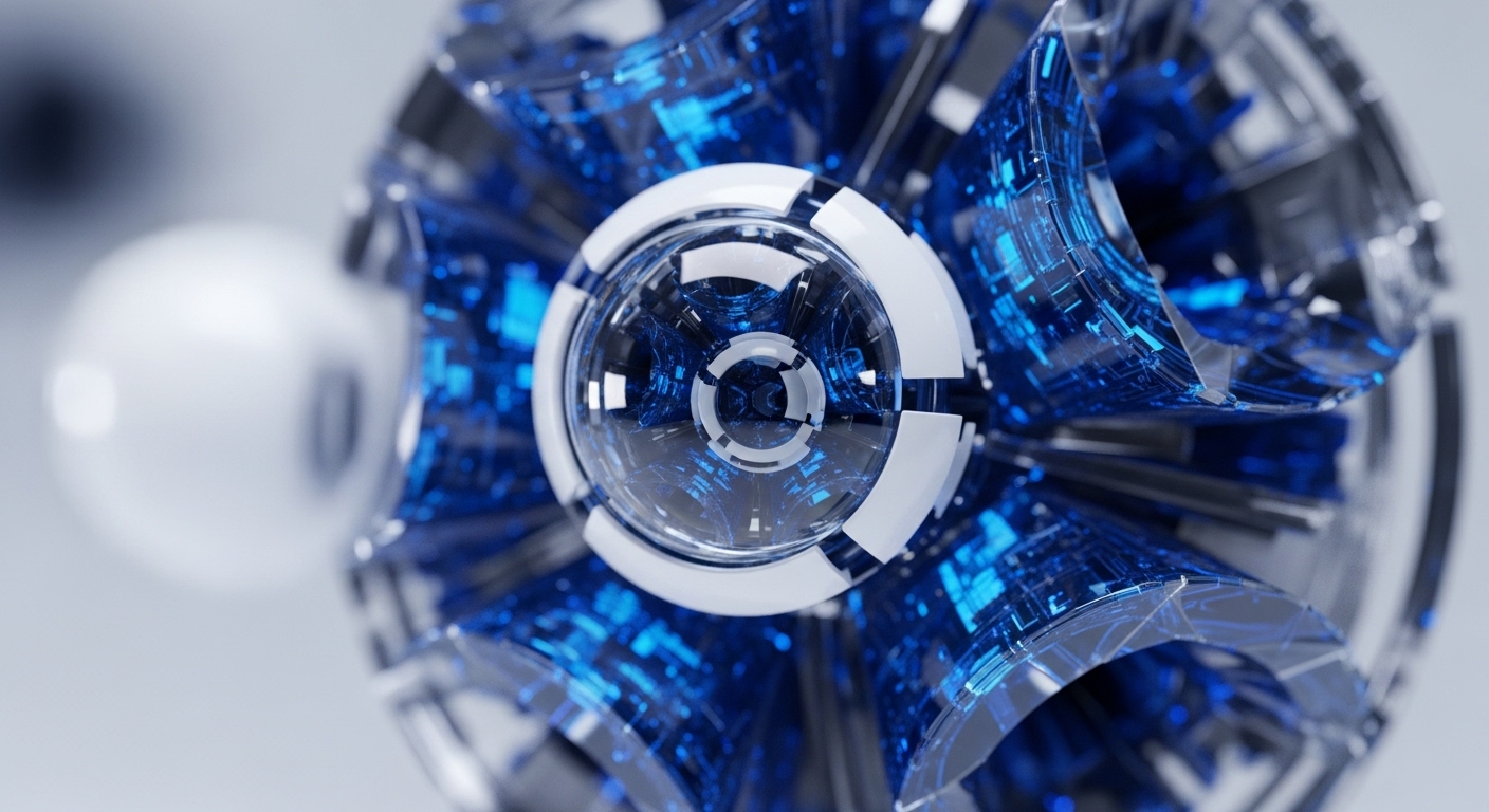 The image presents a detailed, abstract visualization of a decentralized network node, characterized by its spherical form, glowing blue circuit patterns, and metallic white structural elements. This intricate design serves as a powerful metaphor for the core components of blockchain technology and cryptocurrency operations