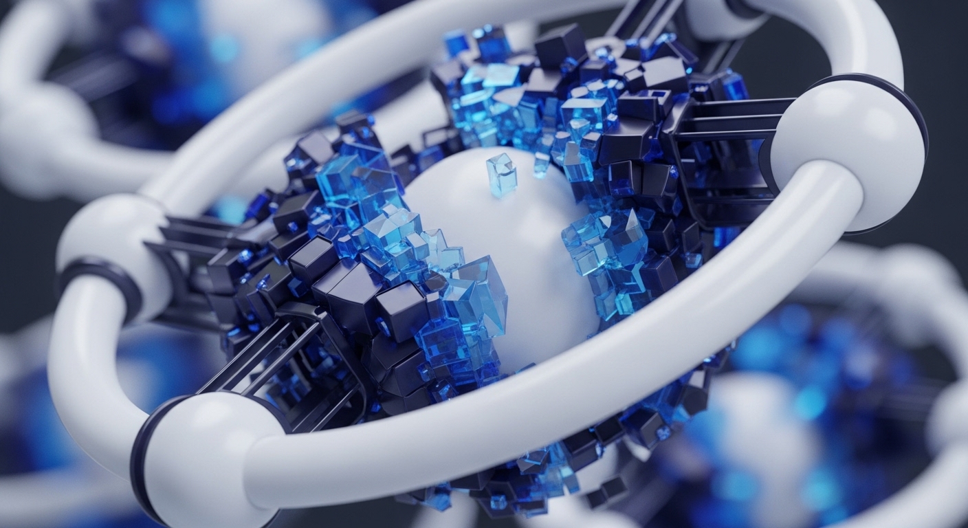 A central sphere is enveloped by a dense cluster of translucent blue and opaque dark cubes, creating a vibrant, crystalline structure. This intricate formation is held within a framework of smooth, white toroidal rings, connected by dark metallic struts