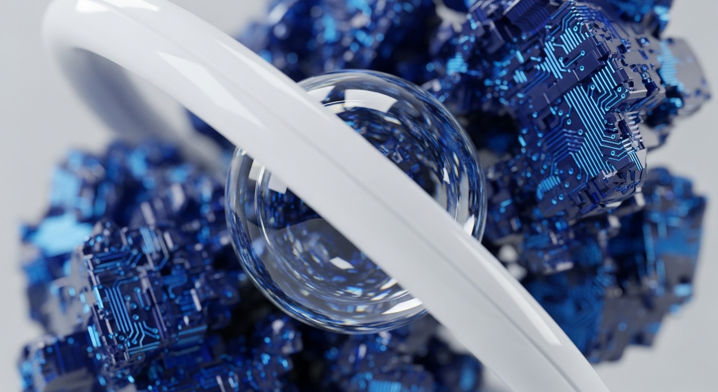 The image displays a central transparent sphere surrounded by a white torus, set against a backdrop of complex, blue, crystalline structures resembling circuit boards. This abstract visualization represents the core architecture of blockchain technology and decentralized finance DeFi