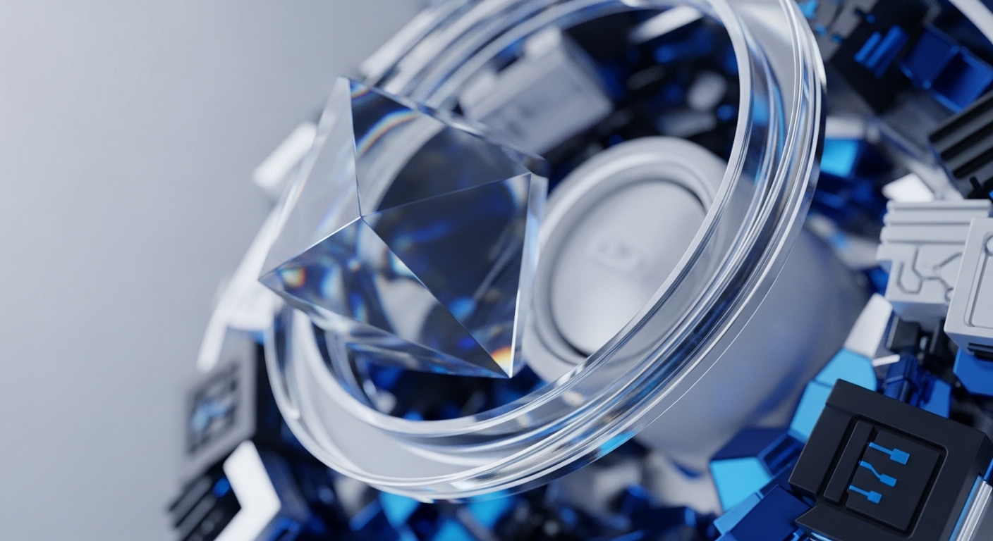 A clear, geometric gemstone, akin to a diamond, is centrally positioned amidst a complex assembly of metallic rings and sharp-edged digital blocks. The surrounding structures exhibit a palette of cool blues and sterile whites, suggestive of advanced technological frameworks and data processing environments