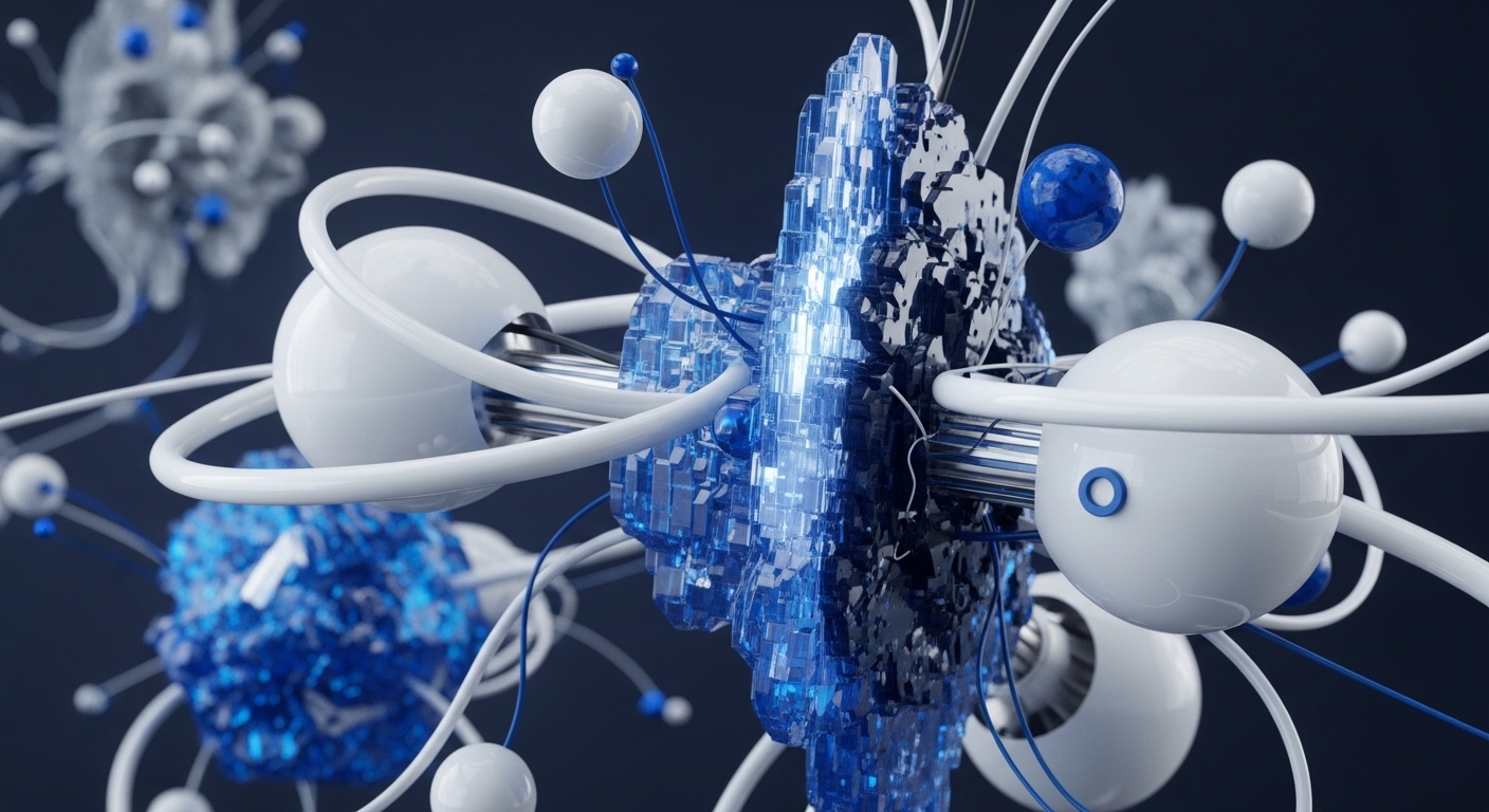 An intricate abstract composition features gleaming white spheres, some encircled by smooth rings, interconnected by slender white and blue filaments. At its core, crystalline blue blocks emit a soft glow, juxtaposed with dark, fractured, textured forms. This dynamic interplay visually articulates complex blockchain architecture, representing decentralized ledger technology with interoperability protocols facilitating smart contract execution across various network nodes.