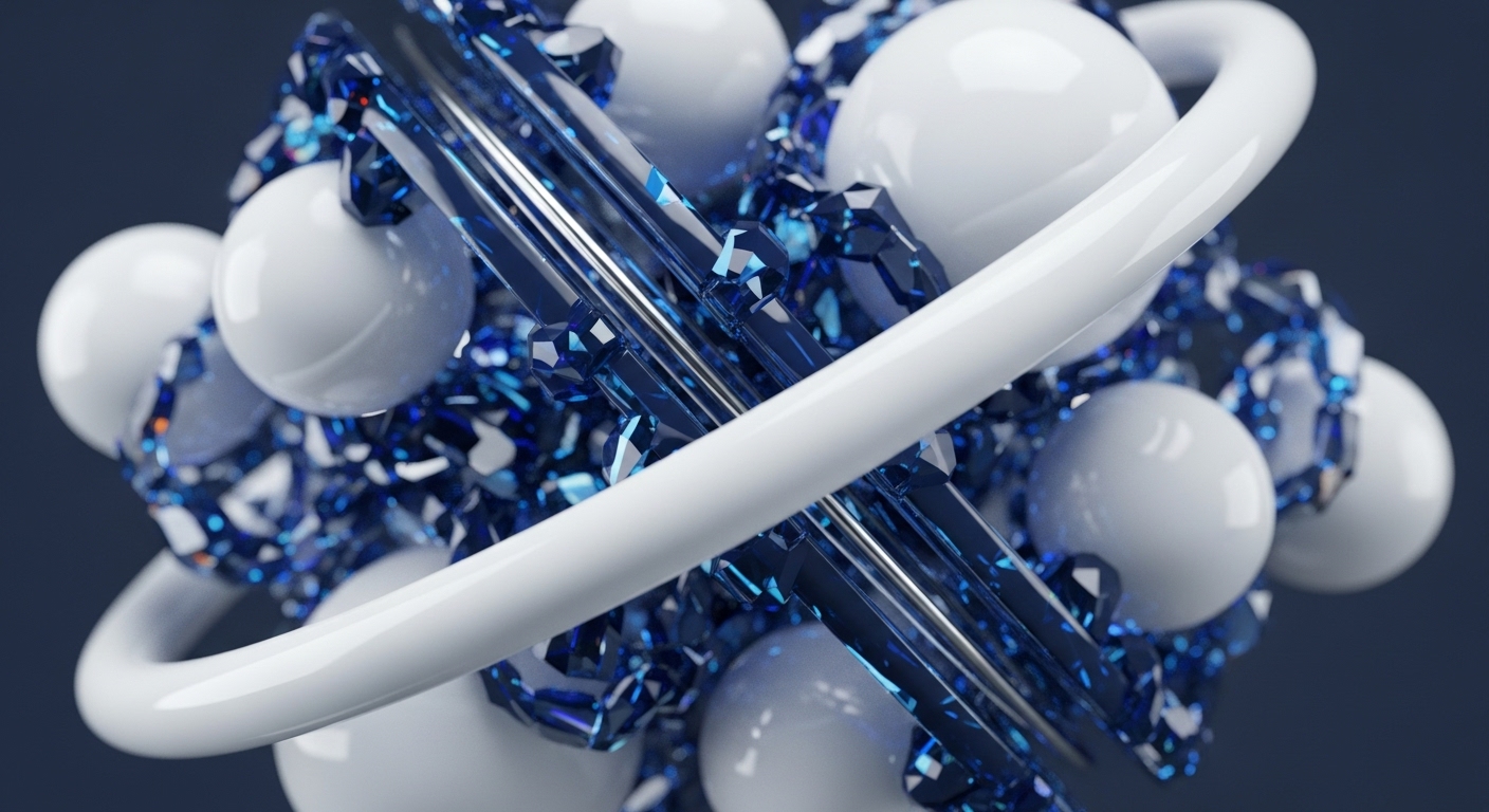 This abstract composition features smooth white spheres and sharp, multifaceted blue crystals arranged in a dense, interconnected formation. A prominent white toroidal structure wraps around the central cluster, symbolizing secure network topology and robust cryptographic protocols