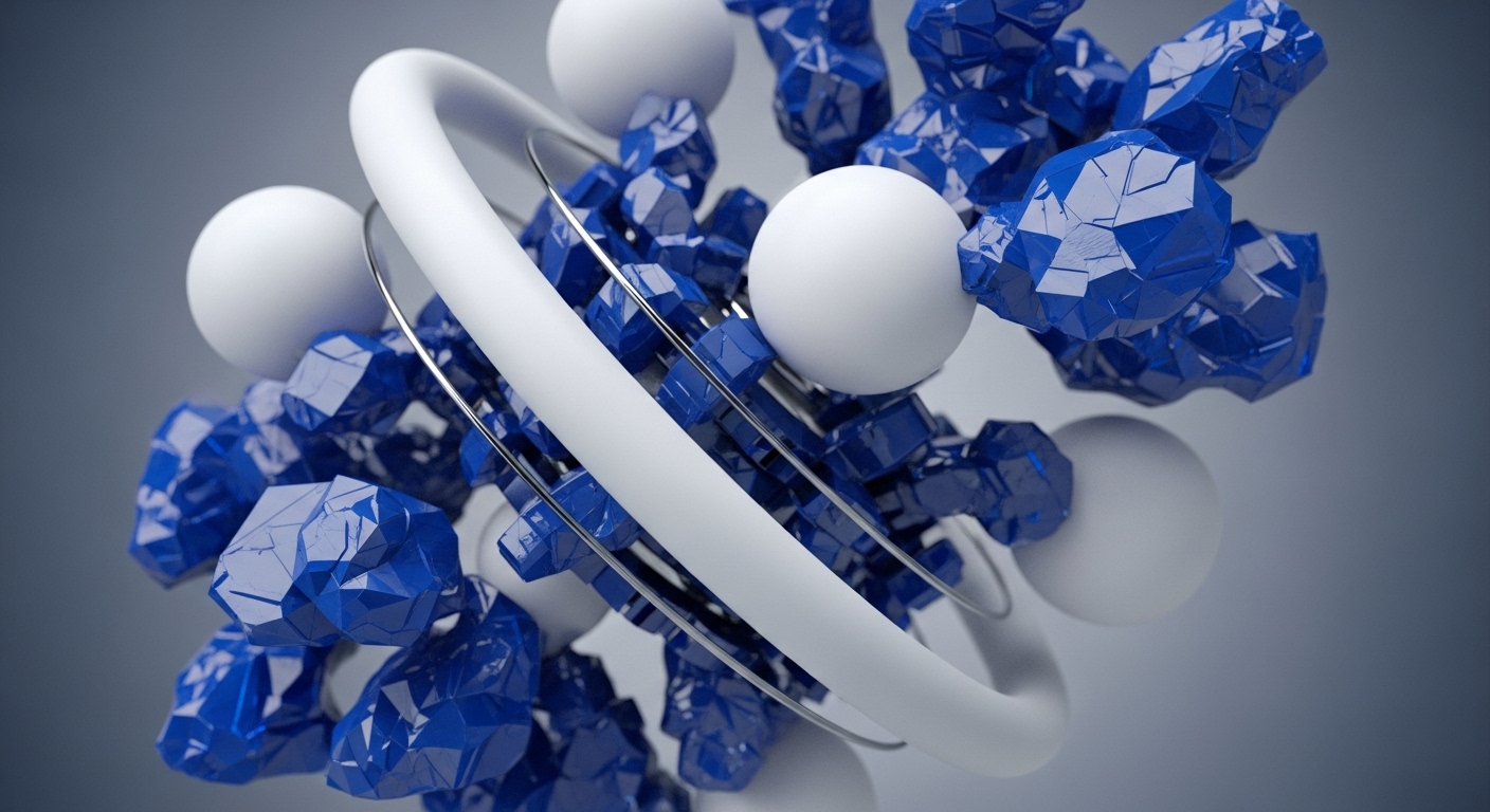 A white torus and metallic rings interlace with sharp, angular blue crystalline forms and smooth white spheres. This abstract arrangement visualizes the intricate architecture of decentralized networks and cryptocurrency protocols