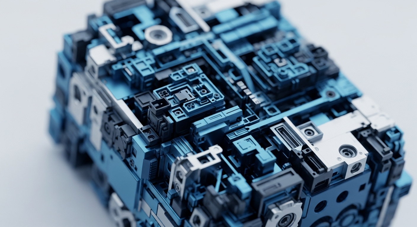 A detailed, abstract metallic cube is presented with sharp angles and interlocking segments in shades of blue and silver. This intricate construction symbolizes the complex architecture of blockchain technology, mirroring the layered nature of decentralized applications and cryptographic protocols