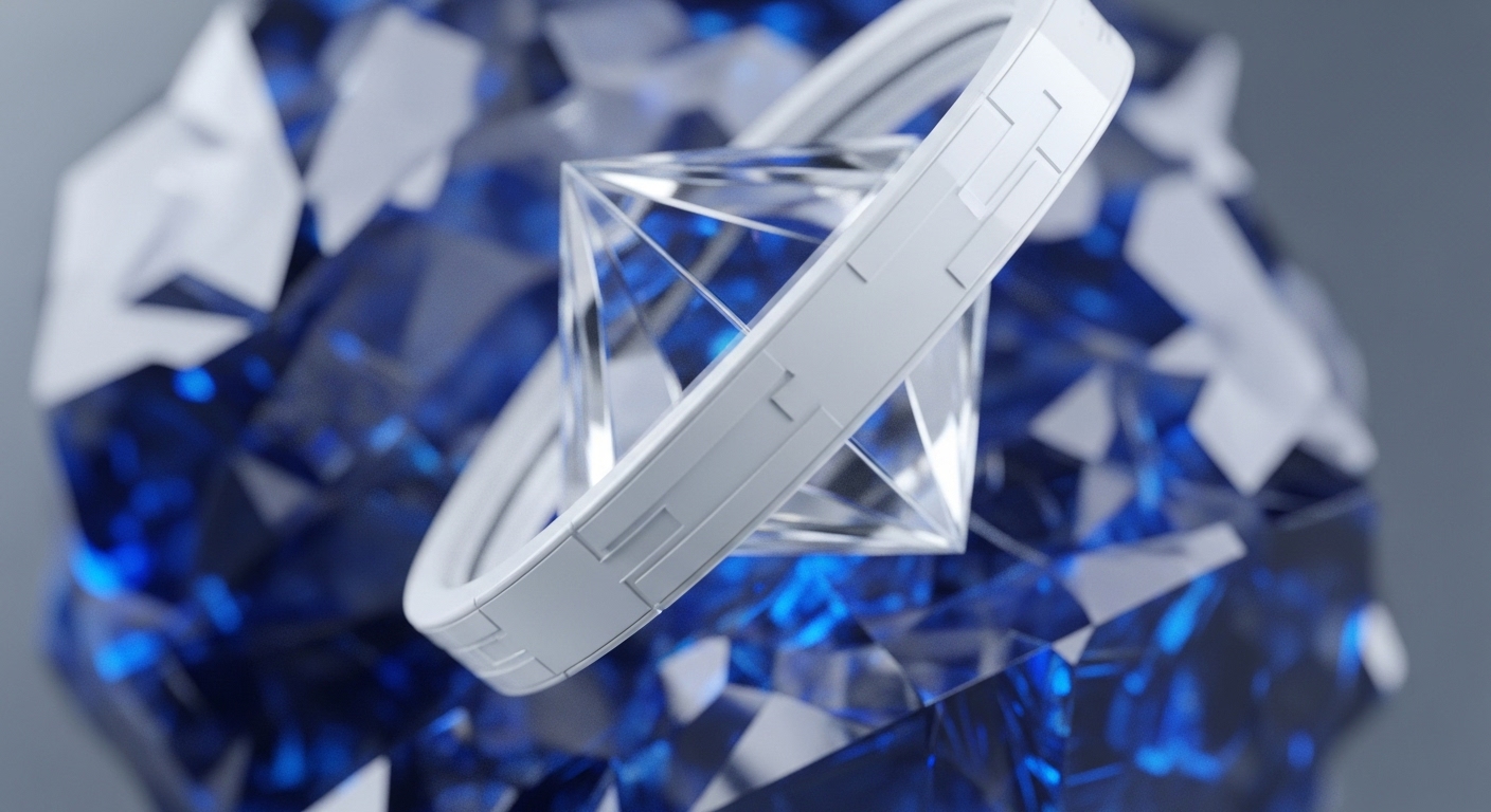 A clear, geometric octahedron, akin to a cryptographic token or digital asset, is centrally positioned, embraced by a stylized, segmented ring that suggests a blockchain's consensus layer or a token standard like ERC-721. The surrounding environment is a multifaceted, crystalline formation in vibrant blues and sharp whites, indicative of a complex, interconnected distributed ledger system or a node network
