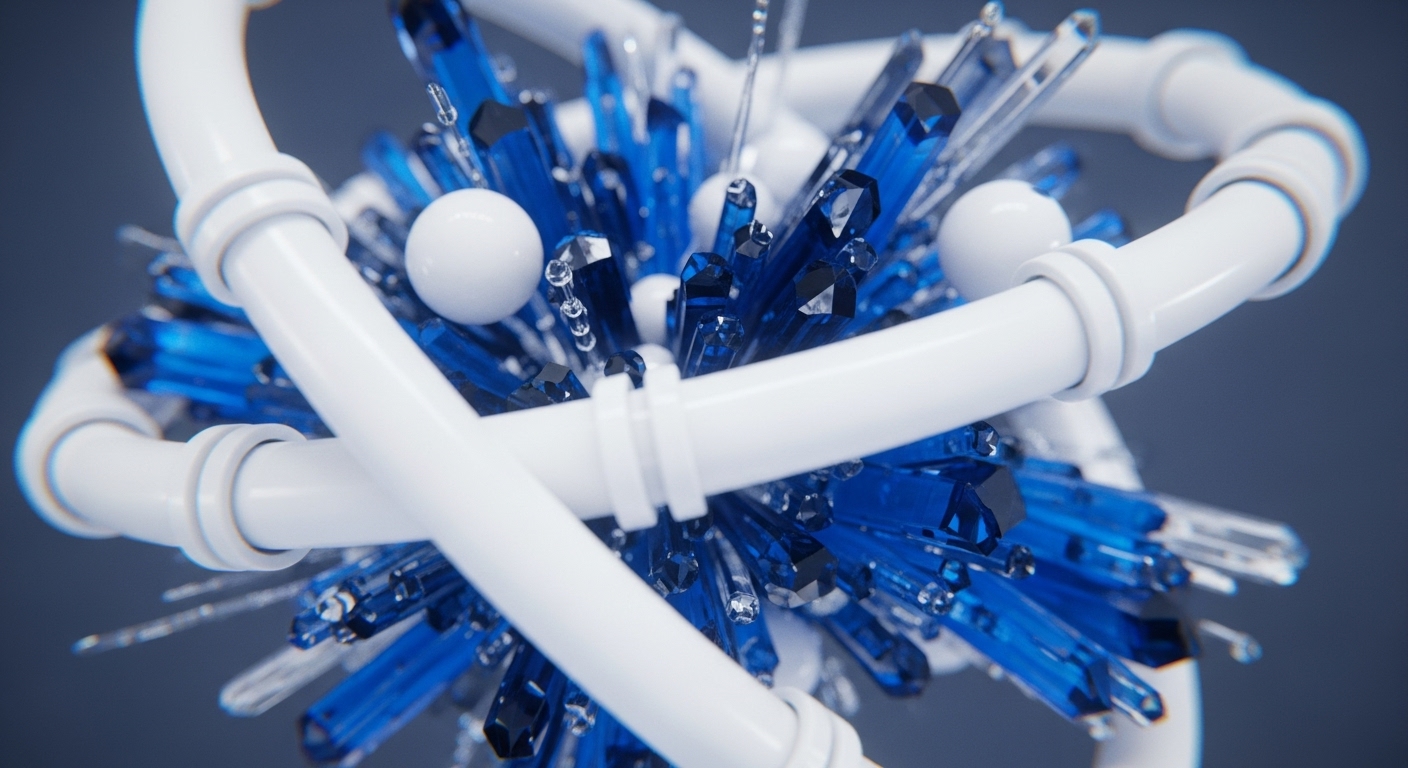 The image displays a dynamic, abstract composition with white, smooth pipes forming a complex, interwoven structure around a dense core of sharp, blue crystalline shards and delicate white spheres. This visual metaphorically represents the intricate architecture of blockchain networks, where the pipes symbolize secure data pathways and consensus mechanisms, and the crystals embody the cryptographic integrity and immutability of digital assets