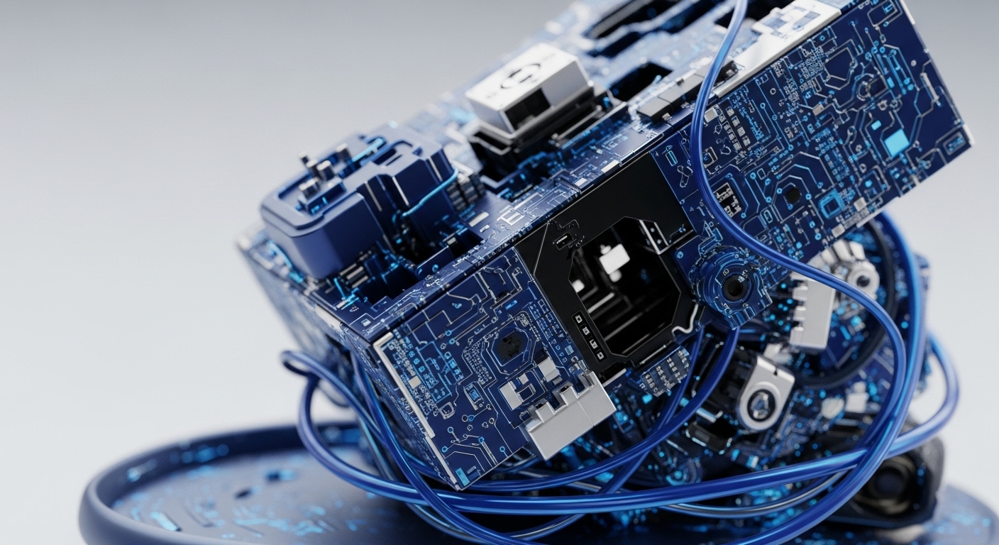 Intricate blue circuit boards and tangled wires form a complex, abstract structure against a neutral background. This visual metaphor represents the foundational elements of blockchain technology and cryptocurrency networks