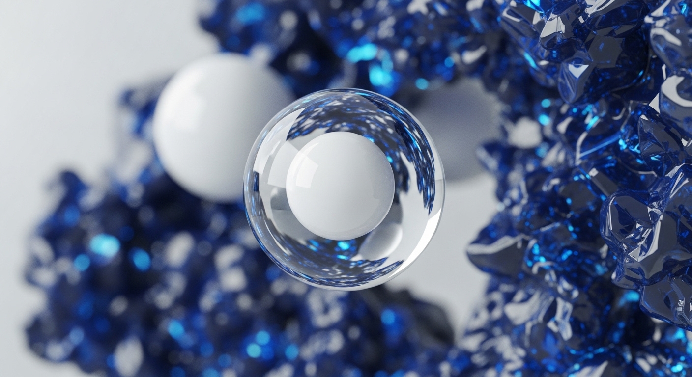 A central transparent orb holds a smaller white sphere, surrounded by sharp, translucent blue crystalline structures. This abstract composition evokes the concept of digital asset management within a blockchain ecosystem