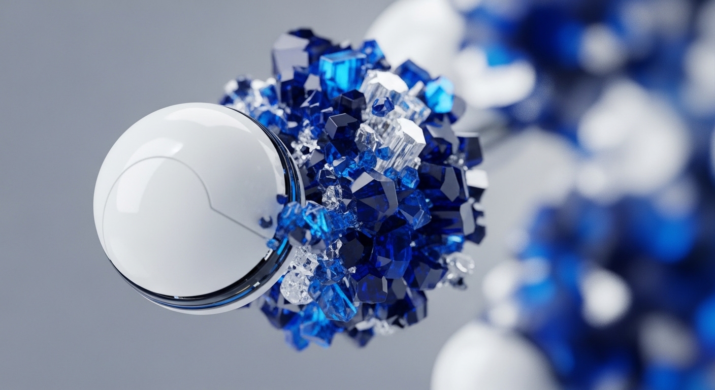 A gleaming white orb, exhibiting subtle paneling, is juxtaposed against a vibrant agglomeration of crystalline structures in deep blues and translucent whites. This imagery captures the essence of digital asset creation and the foundational architecture of blockchain networks