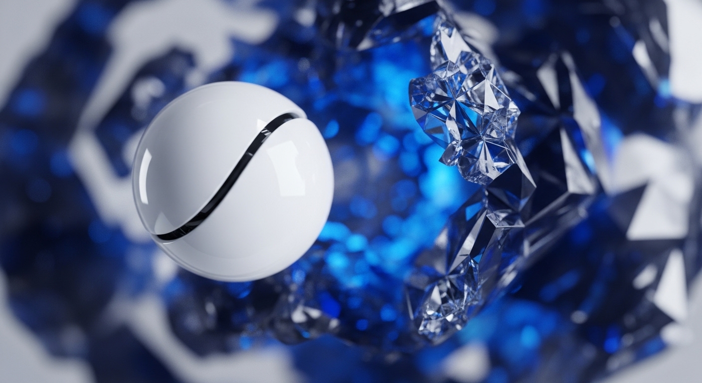 A smooth white orb with a distinct black arc is suspended within a dynamic, multifaceted environment of sharp blue and silver geometric forms. This abstract digital realm appears to be a visual representation of advanced blockchain architecture and cryptocurrency innovation