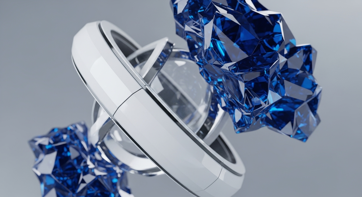A stylized white ring, accented with polished chrome, encircles a central void where shimmering, angular blue crystals aggregate. A secondary, smaller crystal formation rests to the side