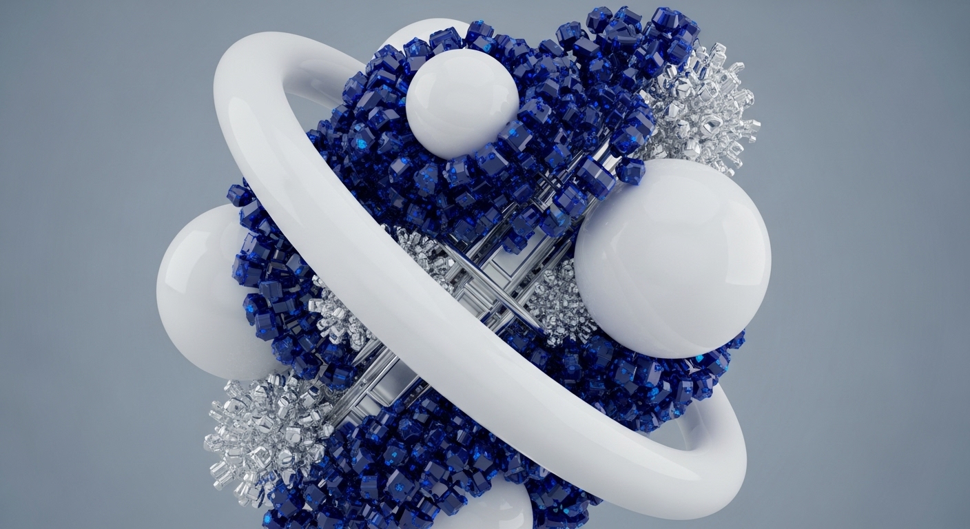 A white toroidal structure orbits a dense cluster of deep blue crystalline cubes, interspersed with shimmering silver fractal formations and smooth white spheres. This abstract composition visually encapsulates the multifaceted nature of decentralized finance and blockchain architecture