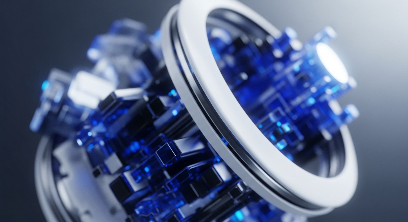 A luminous, abstract structure composed of sharp geometric forms and interconnected elements radiates with intense blue light, centered within a sleek white ring. This intricate digital artwork visualizes the core principles of decentralized finance DeFi and blockchain technology