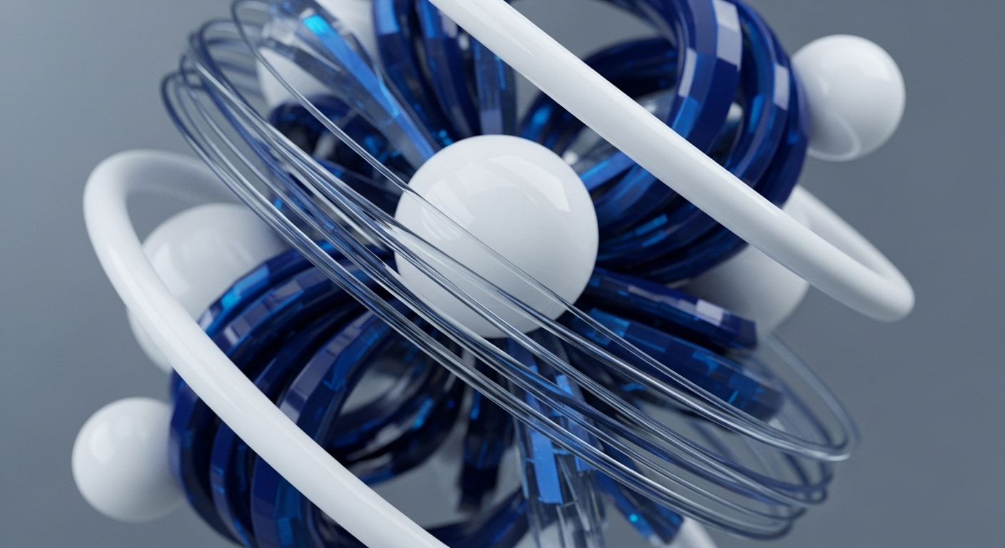 The artwork displays a central white sphere surrounded by a dynamic interplay of white rings and segmented, deep blue elements, all interwoven with fine, transparent lines. This abstract composition evokes the multifaceted nature of decentralized finance DeFi and the underlying blockchain architecture