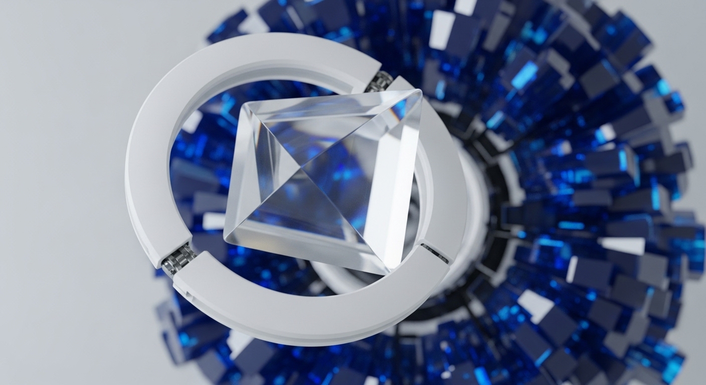 A central, multi-faceted crystal, resembling a diamond, is encased by a smooth white torus, symbolizing a foundational cryptographic unit or a genesis block. This assembly is surrounded by a dynamic, radial arrangement of sharp, translucent blue geometric shapes, evoking the distributed nodes of a blockchain network or the complex architecture of a decentralized application dApp