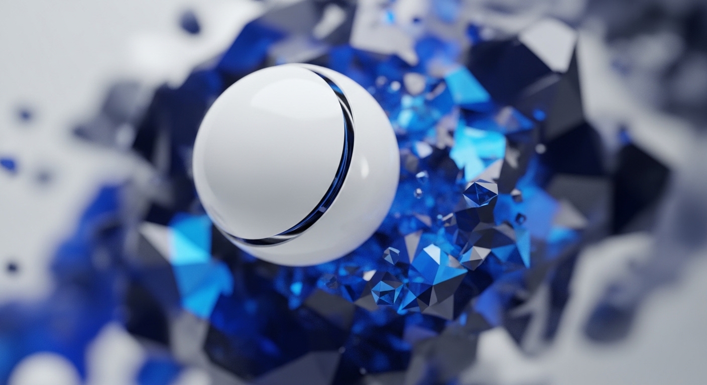 A pristine white sphere with a dark blue accent rests at the focal point, suspended amidst a chaotic explosion of sharp, crystalline blue and grey geometric shards. This visual metaphor represents the emergent properties of decentralized networks, where individual nodes the sphere interact within a complex, dynamic ecosystem. The fragmentation suggests the inherent volatility and rapid evolution of blockchain technology and its associated cryptocurrencies, hinting at both innovation and potential disruption within the digital asset landscape, perhaps alluding to consensus mechanisms or tokenomics.