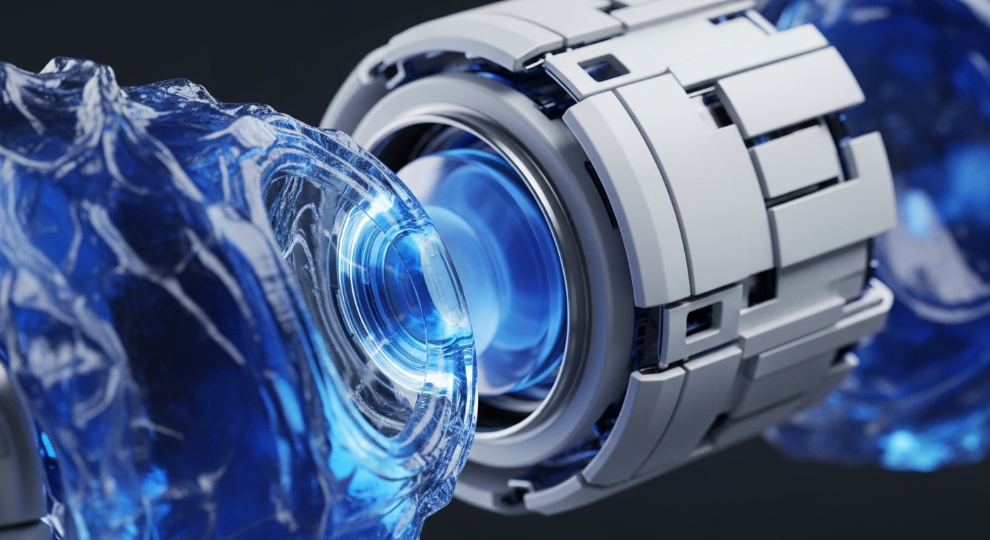 A bright blue energy vortex spins within a futuristic, segmented white device, framed by translucent, icy blue formations. This visual metaphor captures the dynamic and complex nature of blockchain architecture, possibly illustrating a Proof-of-Stake consensus algorithm or the interlinking of blocks in a distributed ledger