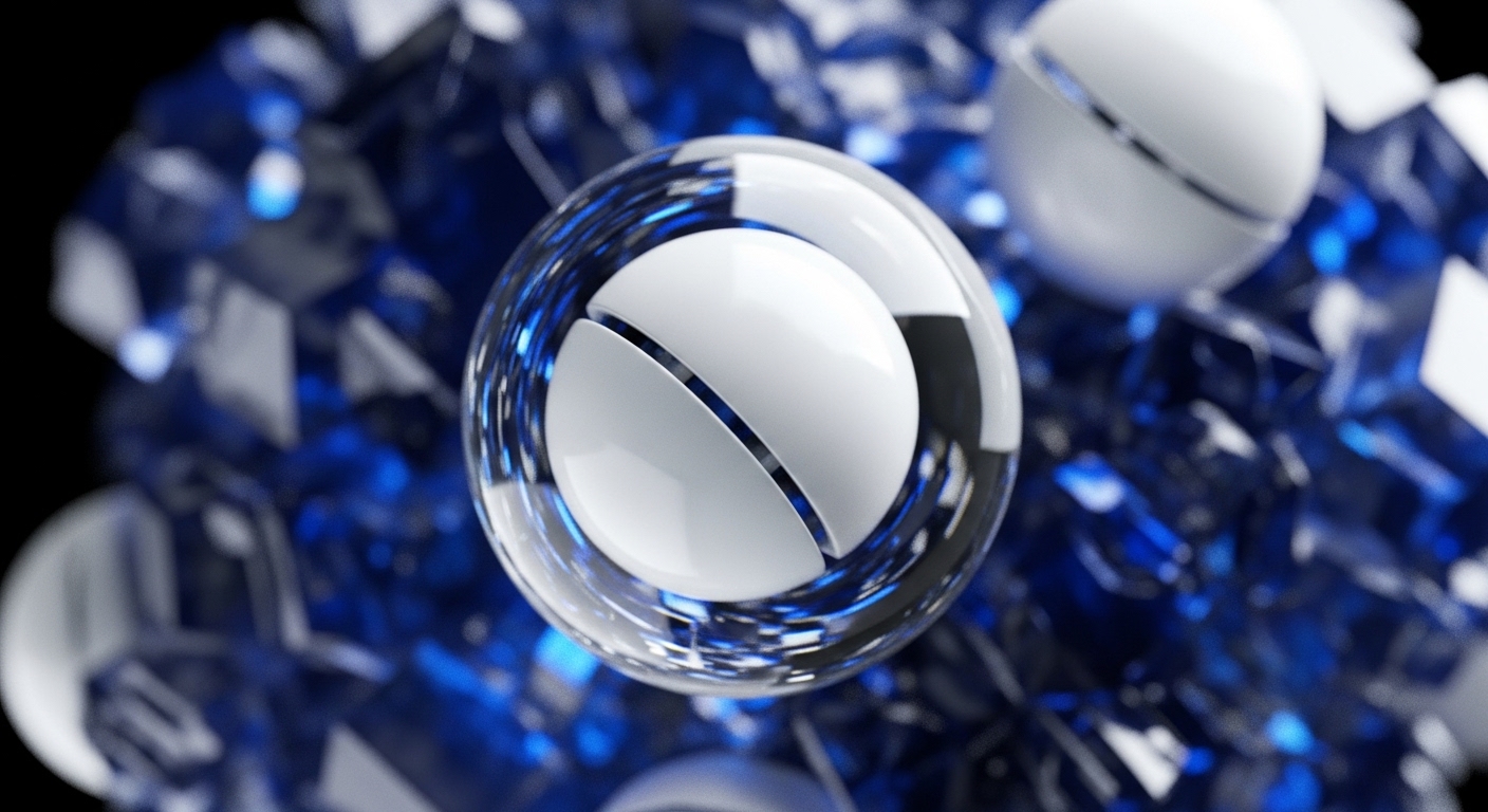 A clear, spherical membrane encloses a white, divided sphere, set against a backdrop of sharp, blue crystalline structures. This arrangement symbolizes the secure encapsulation of a digital asset, potentially a fungible token or an NFT, within a larger, interconnected network