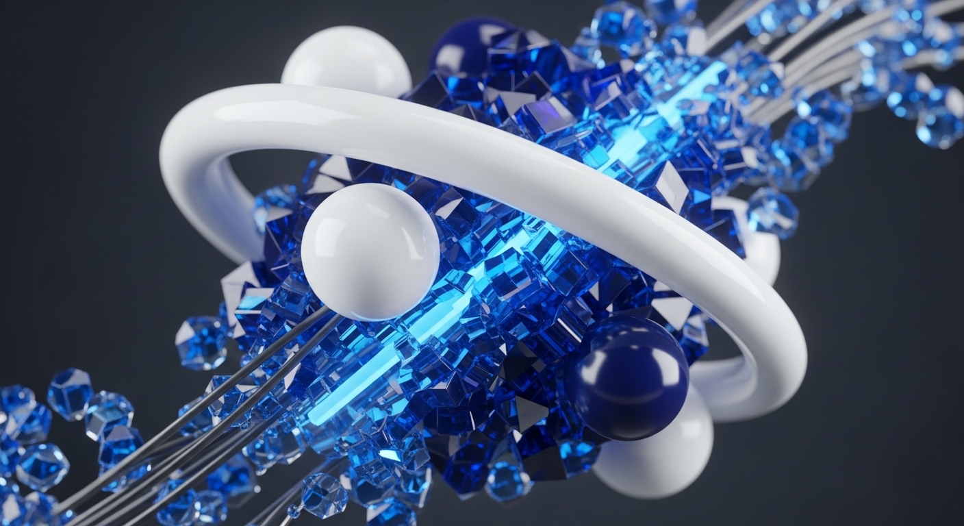 This abstract visualization depicts a complex nexus of interconnected elements, featuring luminous blue crystalline structures resembling fragmented blocks, suggestive of a distributed ledger. Gleaming white spheres and a smooth toroidal ring represent nodes or validators within a decentralized network. Thin metallic tendrils extend outwards, symbolizing data pathways and transaction flows in a cryptographic system. The overall composition evokes the intricate and dynamic nature of blockchain technology and its underlying cryptographic mechanisms.