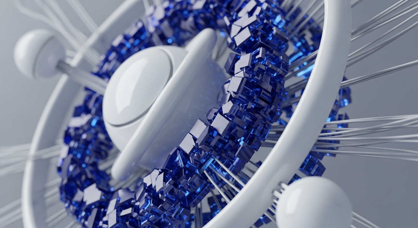 A gleaming white orb is centrally positioned, surrounded by a dynamic vortex of shimmering blue cubes. These cubes, rendered with sharp edges and translucent facets, suggest individual data units or computational nodes within a larger system