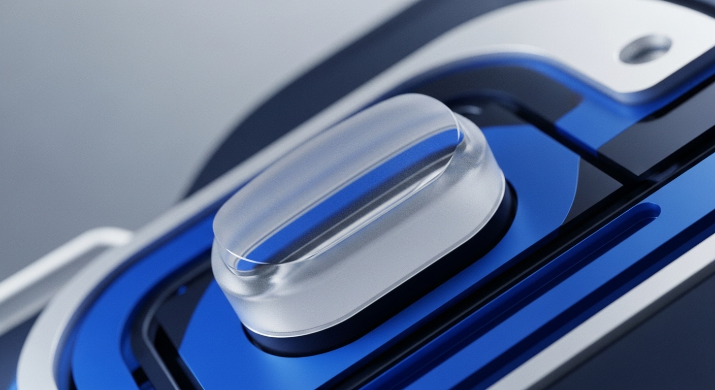 A close-up perspective reveals a translucent, pill-shaped element resting atop a sleek, multi-layered structure featuring deep blue and metallic silver accents. This visual metaphor suggests a secure, tangible interface for digital asset management, possibly representing a private key module or a hardware wallet component. The interplay of light and shadow on the polished surfaces evokes the sophisticated architecture of decentralized finance DeFi protocols and the intricate mechanisms of blockchain consensus. It hints at the seamless integration of physical and digital realms within the cryptocurrency ecosystem, emphasizing user interaction with smart contracts and tokenized assets.