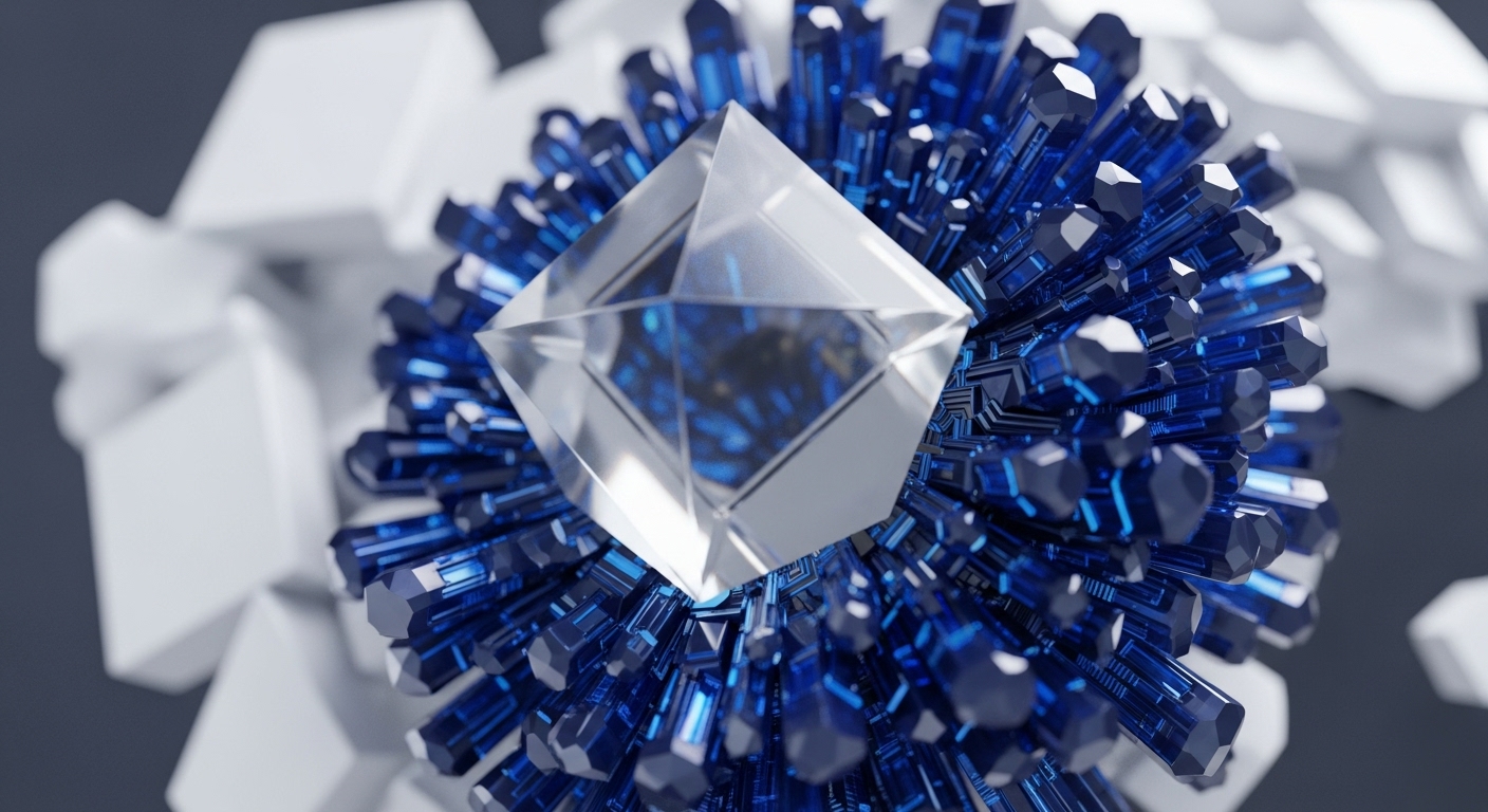 A clear, multifaceted geometric object, reminiscent of a polished diamond or a secure cryptographic token, sits at the heart of a vibrant display. It is encircled by a profusion of sharp, deep blue, hexagonal crystalline structures that radiate outwards, creating a complex, almost energetic, aura