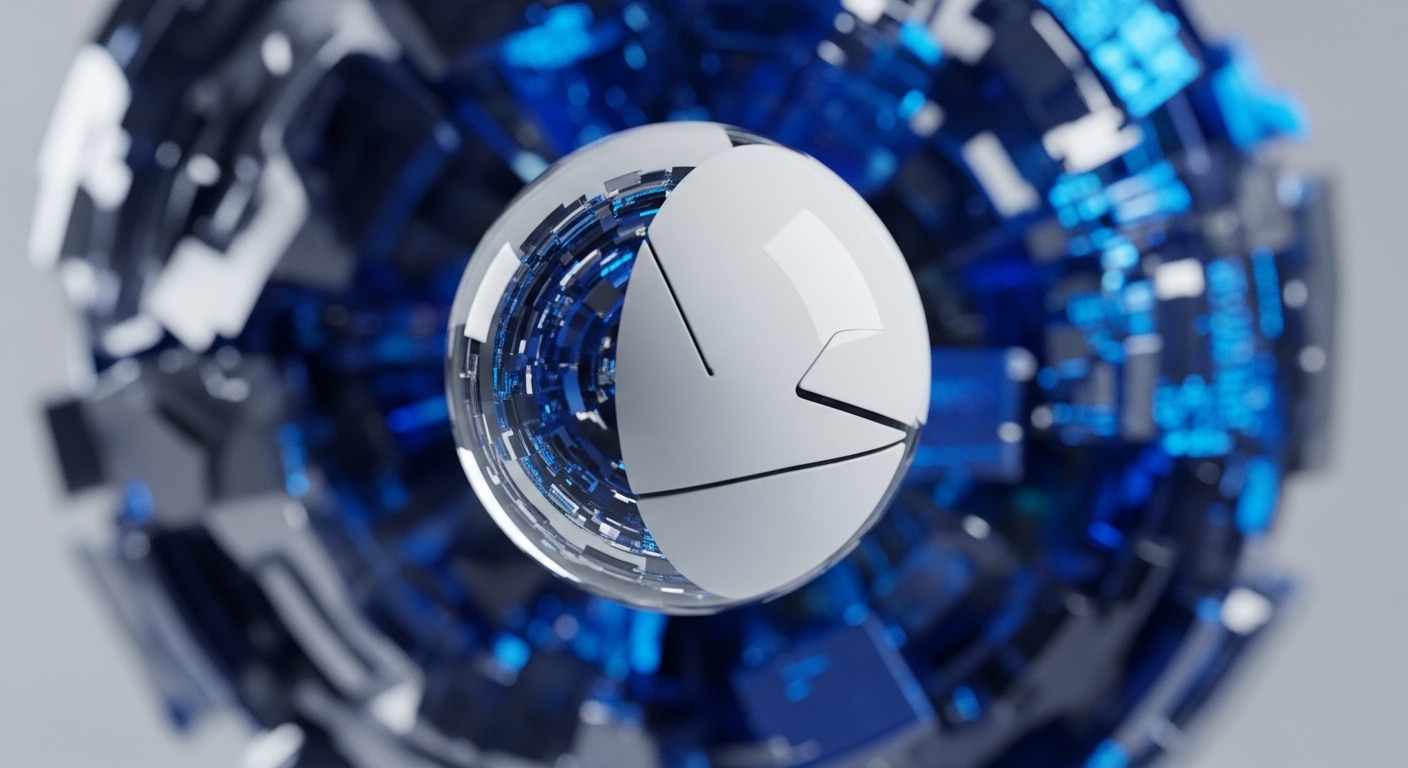 A highly polished, segmented white sphere with transparent sections revealing glowing blue internal circuitry is centrally positioned against a backdrop of dark, complex, metallic structures interspersed with bright blue light. This visual metaphor represents the abstract conceptualization of a blockchain's foundational block or a cryptographic core, perhaps illustrating the immutable ledger's genesis or a smart contract's execution environment