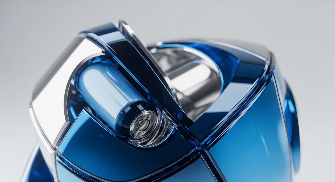 This abstract render showcases a multifaceted metallic object with a striking blue and silver finish, featuring interlocking geometric segments and visible internal spring mechanisms. It visually represents the intricate design and operational complexity inherent in cryptographic protocols and decentralized finance DeFi infrastructure