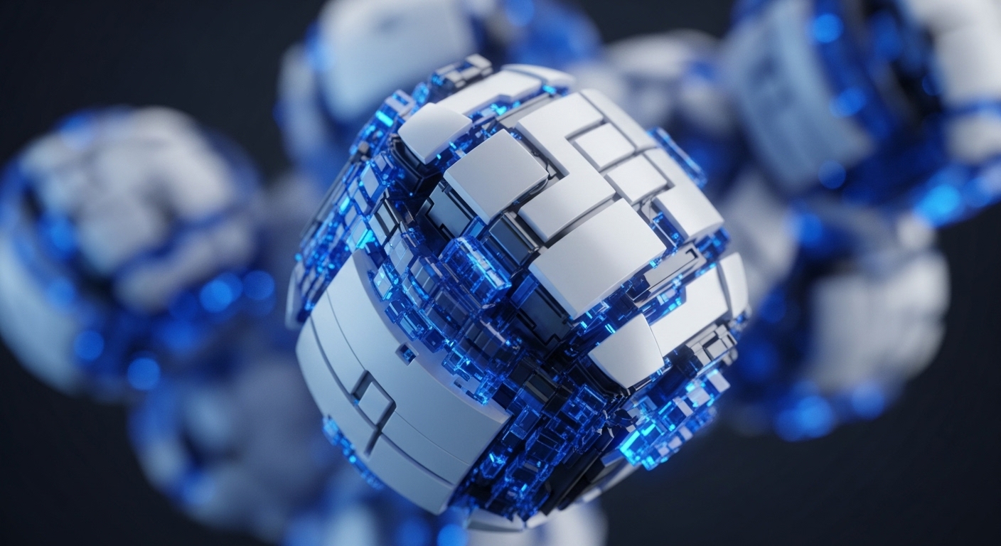 A detailed, three-dimensional abstract object features a core of white geometric panels interwoven with glowing translucent blue crystalline components. This structure suggests a highly complex, interconnected system, representative of a decentralized cryptographic node