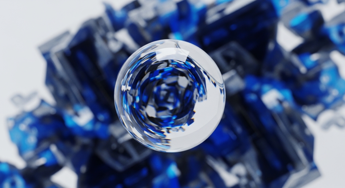 A clear, spherical object dominates the foreground, its surface a lens through which fragmented blue and black crystalline forms are viewed with distortion. The background is a chaotic yet structured arrangement of sharp, angular, blue and dark crystalline shards, suggesting a complex digital or physical landscape