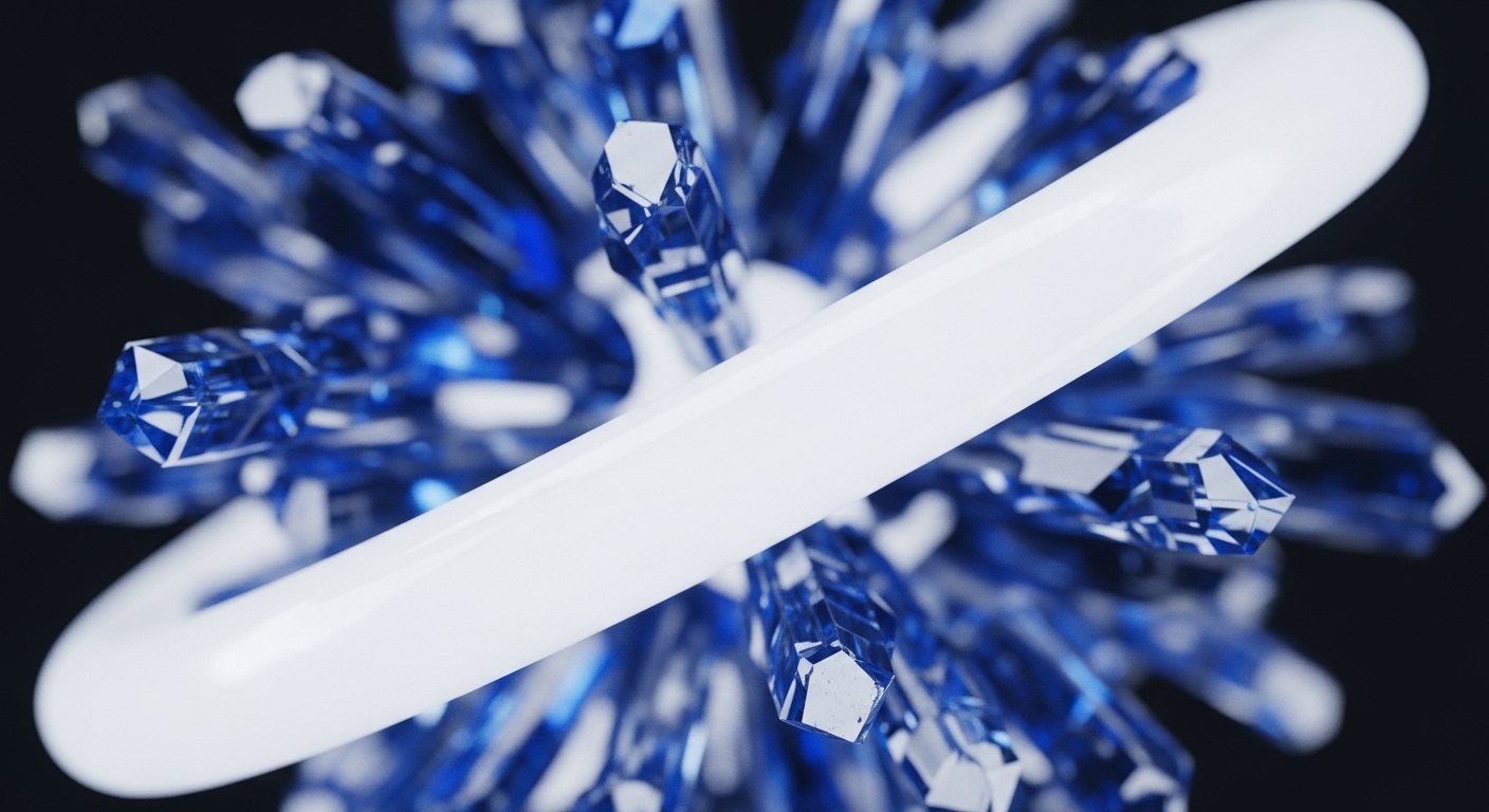 A pristine white torus encircles a vibrant, starburst arrangement of angular blue crystals against a dark background. The sharp, geometric facets of the crystals suggest data blocks or individual nodes within a distributed ledger