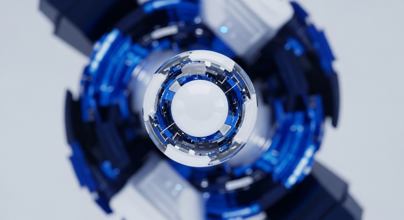 A central, luminous white sphere is enveloped by a complex, transparent shell revealing detailed blue and grey technological patterns. This core element is radially embraced by a robust, segmented structure of interlocking blue and white mechanical pieces, forming a cohesive, dynamic whole