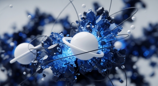 A luminous white sphere, encircled by a ring, anchors a complex arrangement of sharp, glowing blue crystalline structures. Darker polygonal forms and thin, flexible lines interweave through this core, creating a dynamic, interconnected system. Several smaller white orbs float around the central construct. This abstract representation evokes a decentralized network architecture, illustrating the intricate interplay of validator nodes, cryptographic primitives, and smart contract execution within a distributed ledger technology ecosystem, emphasizing on-chain governance mechanisms.