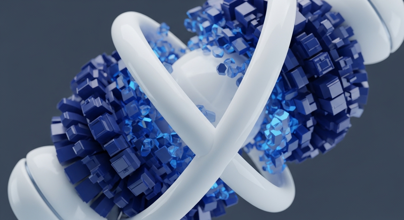 The image displays a central white sphere surrounded by an explosion of sharp, blue crystalline cubes, interwoven with smooth, white helical bands. This abstract composition visually articulates the core principles of cryptocurrency and blockchain technology