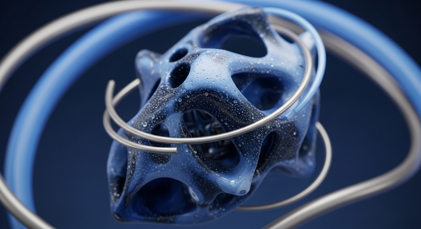 A multifaceted blue object with numerous openings, textured by tiny water droplets, is partially encircled by smooth silver bands. The object's organic yet structured form evokes the complexity of a decentralized network