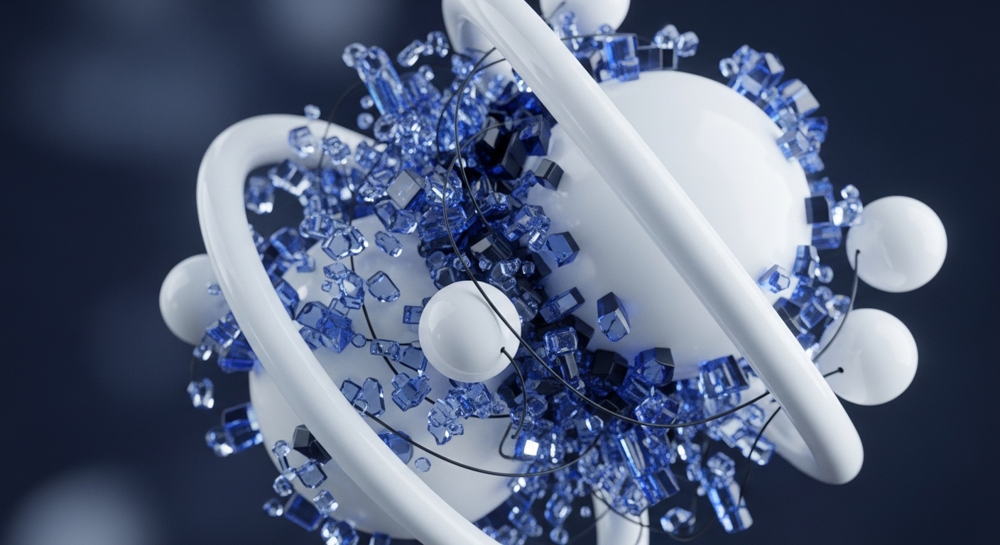 A complex, abstract composition showcases a central white sphere surrounded by a multitude of sharp, translucent blue crystalline fragments and several smaller white spheres. These elements are intricately linked by fine black threads, creating a sense of a networked structure