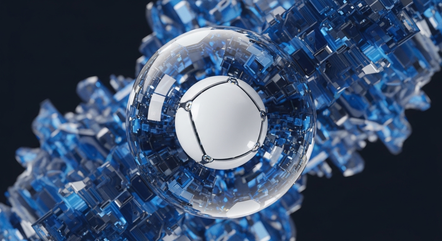 A central white sphere, reinforced by a network of silver connections, is suspended within a transparent geodesic dome. Surrounding this core element is an intricate lattice of translucent blue crystalline formations, resembling a complex data structure or a multi-layered blockchain